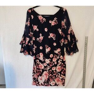 Jessica Howard Women's 12 Navy Floral Shift Dress Sheer Ruffled Flared Sleeves
